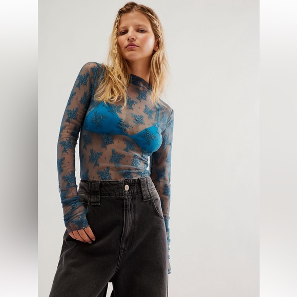 Free People Teal Blue Floral Sheer Long Sleeve Top - Picture 2 of 7